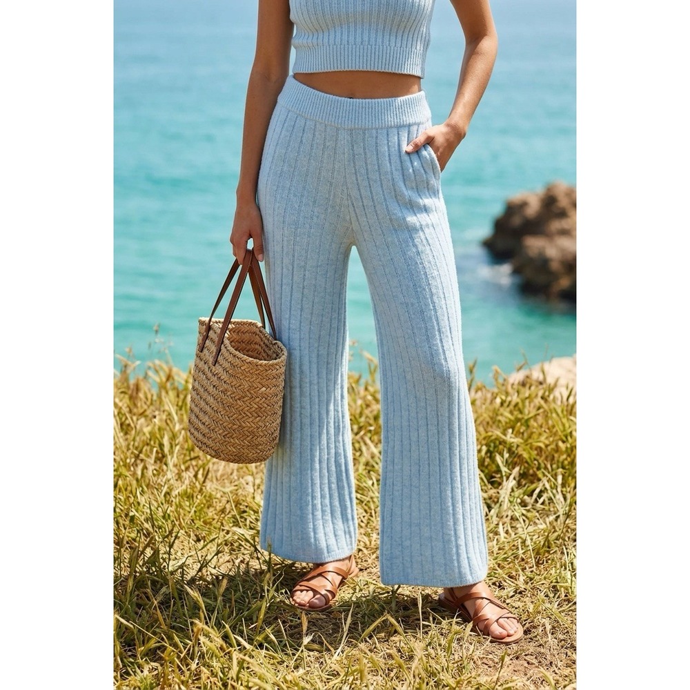 Sincerely Jules Ribbed Knit Wide Leg Pants -On Light Blue Elastic Waist